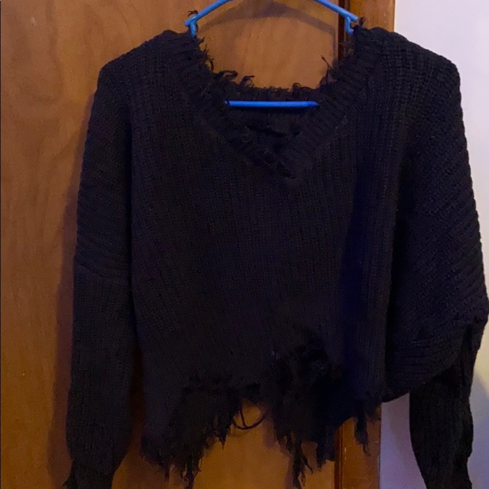 black distressed rib knit sweater